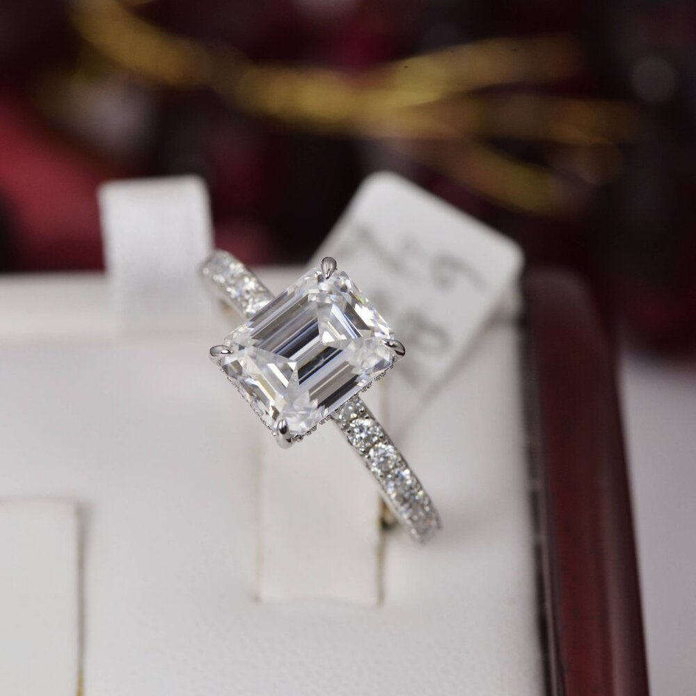 Certified 4.6ct Emerald Cut with Hidden Halo Moissanite Ring 925 Sterling